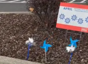 Photo: Sign with Child Abuse Prevention Month with blue pinwheels
